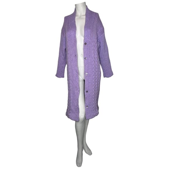 Handmade Cable Knit Midi Length Cardigan Sweater XS S Purple Button Midi Length - Picture 2 of 12